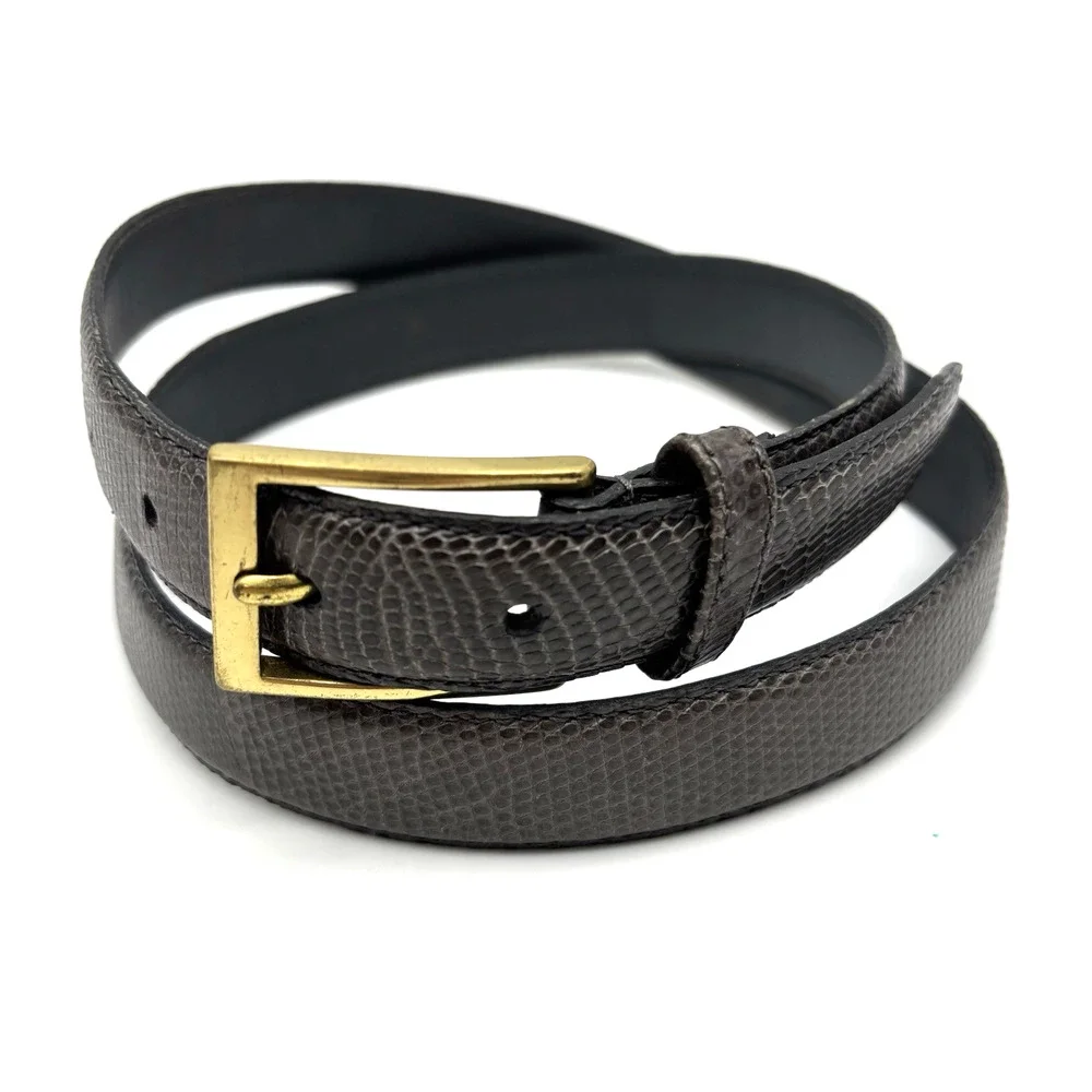 Vintage 80s Alfani Gray Genuine Lizard Leather Brass Buckle Dress Belt 36 34-38